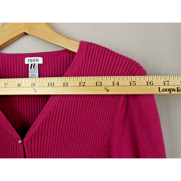 Izod Fuschia 3/4 Sleeve Ribbed Cardigan Sweater Medium Buttoned - Picture 4 of 9
